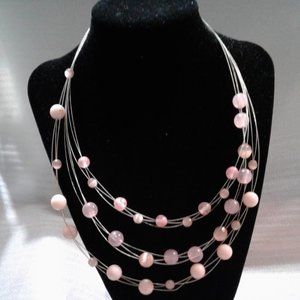 Beautiful  Multi Wire Strand  Pink Necklace Silver Tone